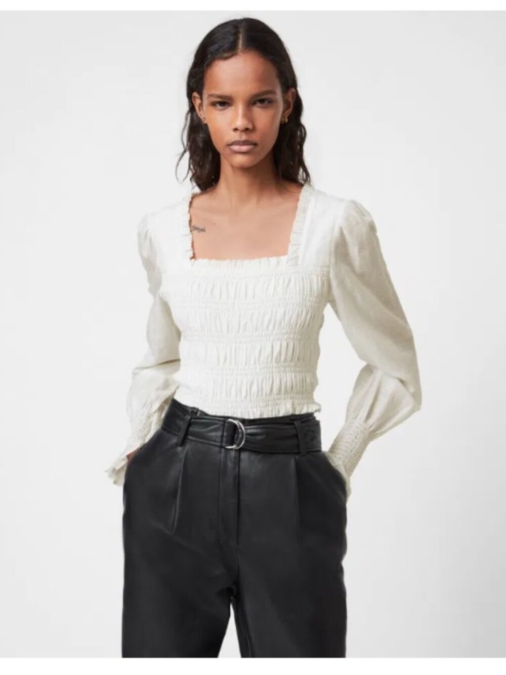 All Saints Livi Silk Blend White Long Sleeve Smocked Blouse -